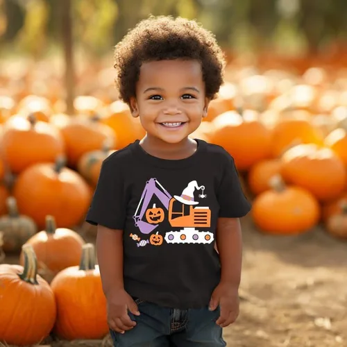 Vista 3 de Camiseta espeluznante que brilla en la oscuridad, manga corta, diseño de excavadora, para niñas, para fiesta de calabaza, Halloween