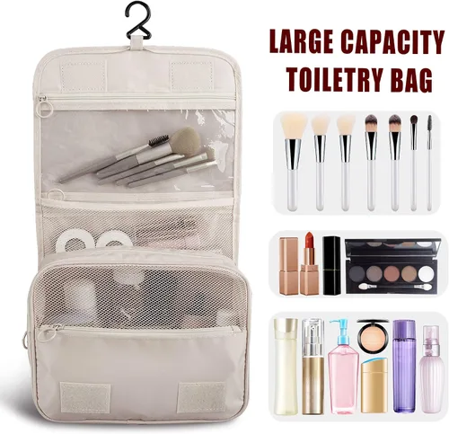 Vista 4 de Neceser colgante, organizador de viaje de gran capacidad para artículos de tocador, tela Oxford impermeable, bolsa de cosméticos de viaje con gancho