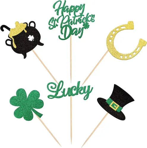 Vista 3 de 24 piezas de adornos para cupcakes del día de San Patricio, trébol con purpurina de tres hojas, trébol de la suerte, para cupcakes, sombrero