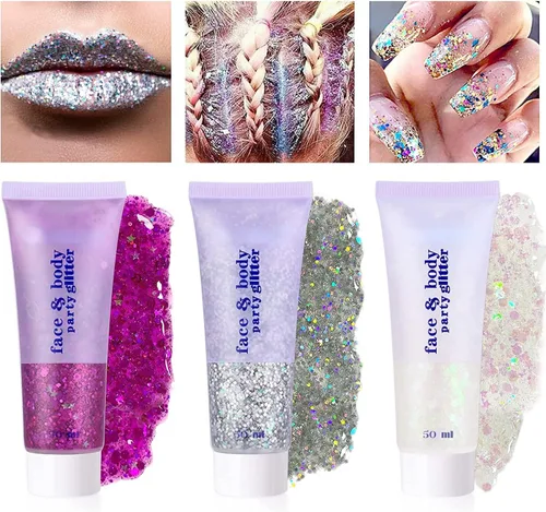 Vista 4 de Brillantina para la cara azul, traje de neón brillante, para fiesta, lentejuelas holográficas, maquillaje en gel con purpurina corporal (01# azul)
