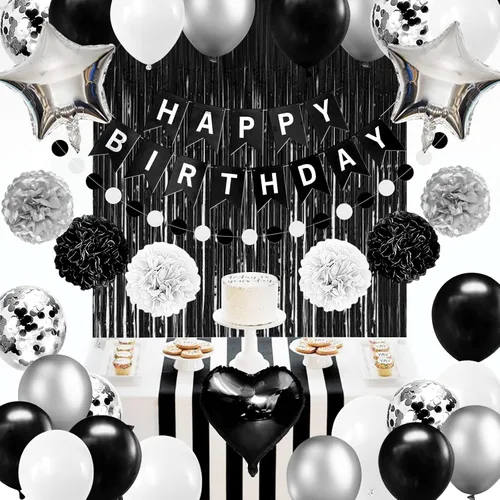Vista 5 de Decoraciones de fiesta de cumpleaños en blanco y negro, decoraciones de feliz cumpleaños para hombres, mujeres, niños y niñas, incluyendo pancarta