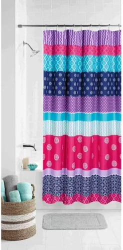 Vista 3 de A&L - 1 cortina de ducha para niños de 70 x 72 pulgadas, diseño de medallón floral aguamarina, decoración de baño, diseño de rayas de enrejado