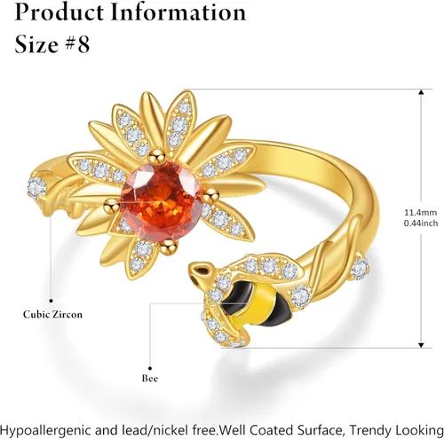 Vista 3 de Dreamboat Sterling Silver Sunflower Rings for Women Gold Ring Adjustable Spinner Ladybug Bee Flower Rings Flower Rings Cute Jewelry Gifts