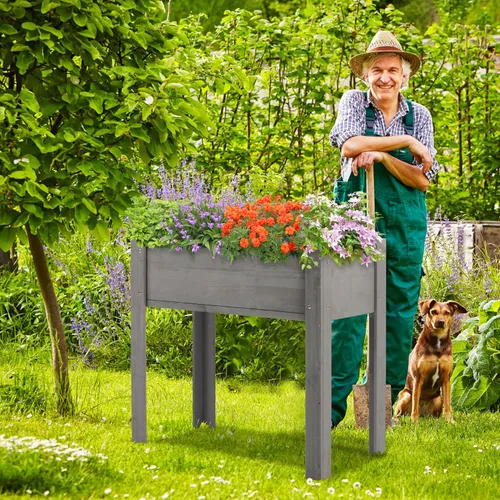 Vista 8 de Cama de jardín elevada con patas (31 x 16 x 31 pulgadas), maceta elevada de madera maciza para exteriores