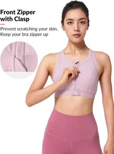 Vista 4 de Yvette Sujetadores deportivos de alto impacto para mujer, con cremallera frontal, brasier deportivo de talla grande para entrenamiento, fitness