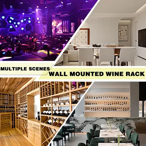 Vista 6 de Estante para vino montado en la pared con luces LED, estantes flotantes de 3 niveles de licor de metal, con estante para copas de vino, estante