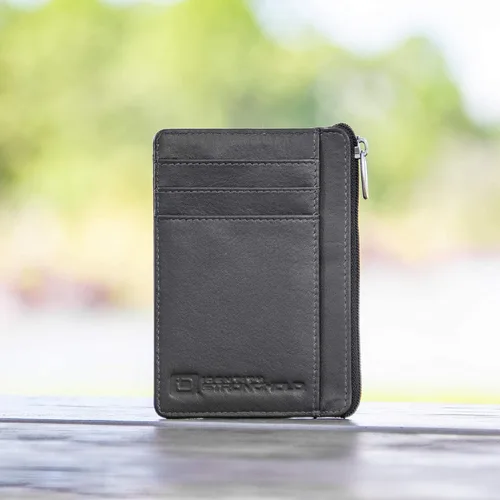 Vista 5 de ID STRONGHOLD - Cartera con bolsillo frontal RFID, mini, minimalista, delgada, de piel auténtica con cremallera, Negro
