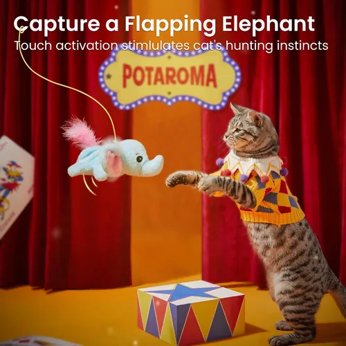 Vista 2 de Potaroma Juguetes para gatos, elefante, interactivo, realista, relleno con hierba gatera y papel arrugado, diseño colgante para gatos aburridos