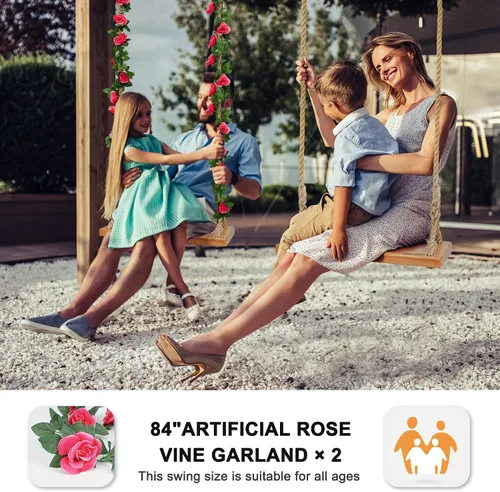 Vista 3 de Columpio de madera colgante, columpio de árbol de 24 x 8 x 1.2 pulgadas para adultos y niños, cuerda de nailon gruesa ajustable y correas de árbol