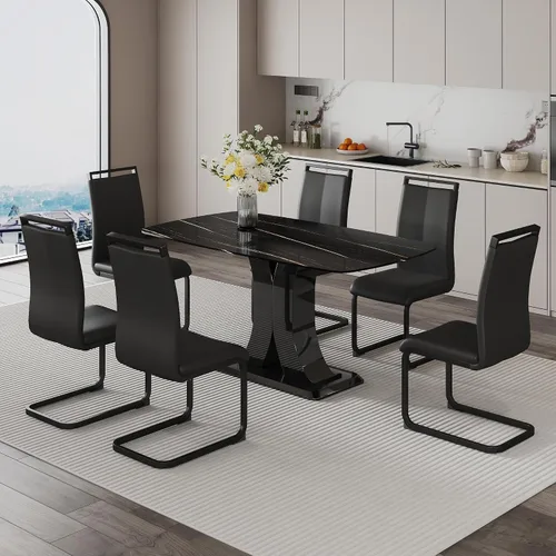 Vista 17 de Juego de mesa de comedor moderno para 4, juego de sillas de mesa de cocina de mármol sintético, mesa rectangular de MDF de 63 pulgadas, sillas Negro