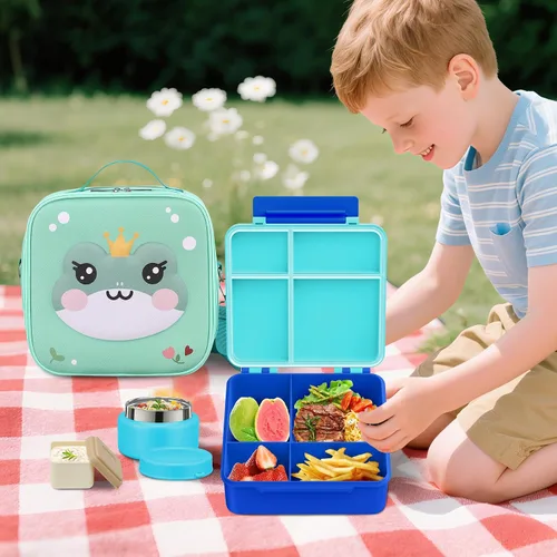 Vista 7 de Lonchera Bento para niños con termo de sopa de 9 onzas, recipientes de comida a prueba de fugas para niños con 4 compartimentos, bolsa de almuerzo