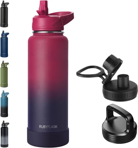 Vista 26 de RUBYFLASK - Botella de agua aislada con pajilla, jarra de agua al vacío de acero inoxidable, 24 onzas, botella con 3 tapas a prueba de fugas