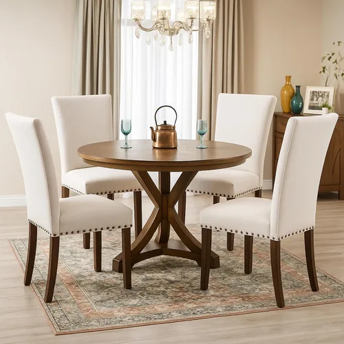Vista 26 de Juego de 2 sillas tapizadas de tela para comedor, sillas de cocina estilo Parsons con ribete de cabeza de clavo y patas de madera - Beige