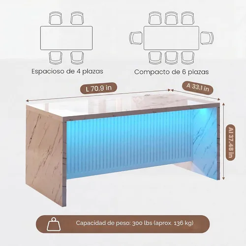 Vista 2 de Mesa de comedor grande de mármol sintético de 71 pulgadas para 4-6 personas, isla de cocina moderna con luces LED, mesa de comedor rectangular