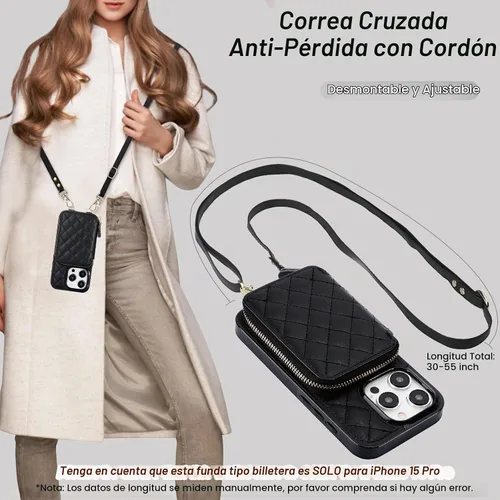 Vista 5 de Bocasal Funda tipo cartera con bandolera para iPhone 15 Pro, cartera de mano de piel sintética con cremallera y bloqueo RFID, funda tipo cartera