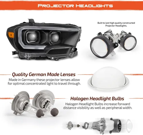 Vista 4 de AKKON - Para nuevo diseño secuencial de tubo LED negro 2016-2023 Toyota Tacoma SR/SR5 Faros delanteros de proyector cuadrado dual