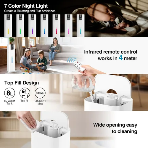Vista 9 de Honovos Smart Humidifiers Large Room Bedroom Home, 2.11Gal(8L) Quiet Top Fill Cool Mist Humidifier, White, JXW-786