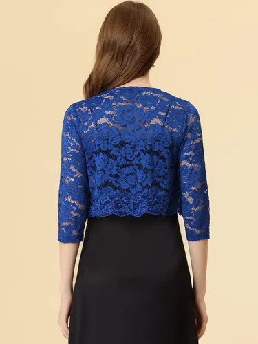 Vista 4 de Allegra K - Chaquetilla elegante para mujer de encaje floral traslúcido y manga 34