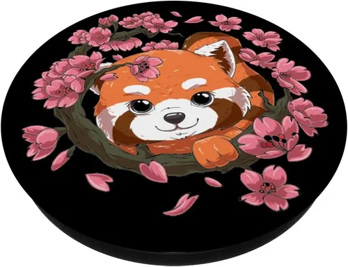 Vista 2 de Lindo Panda rojo y japonés Sakura Cherry Blossom PopSockets agarre y soporte para teléfonos y tabletas