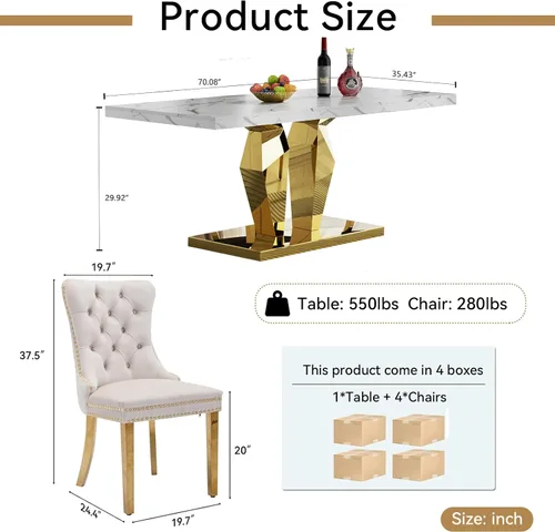 Vista 3 de Juego de 5 mesas de comedor de mármol sintético, juego de mesa de cocina y comedor para 4, mesa de comedor rectangular blanca de 70 pulgadas
