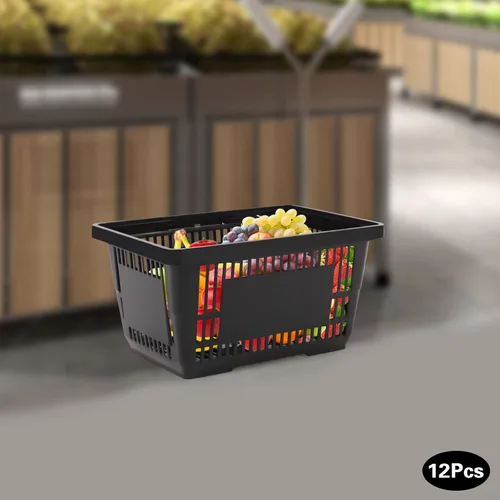 Vista 5 de Cesta de la compra con asas, cesta de comestibles portátil de 21 litros para supermercado, 12 unidades, cesta de la compra negra para librería