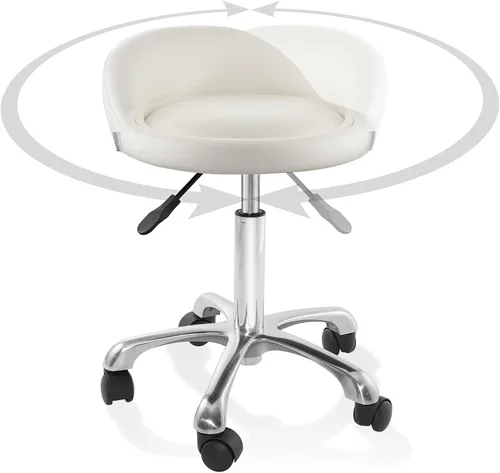 Vista 6 de Saloniture Taburete hidráulico rodante con respaldo bajo – Silla giratoria ajustable para spa, tienda, salón, masaje u oficina médica, color crema