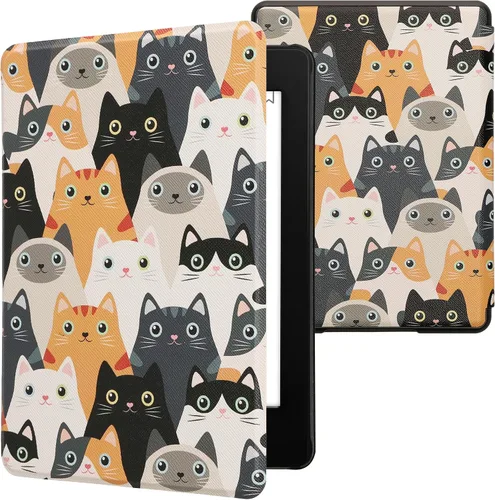 Vista 10 de kwmobile Funda compatible con Amazon Kindle Paperwhite 11. Generación 2021 - Funda para lector electrónico - Libros y páginas Beige/Marrón/Dorado