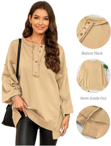 Vista 5 de AlvaQ - Sudadera de gran tamaño para mujer, informal, de manga larga, con botones y cuello Henley, tipo túnica