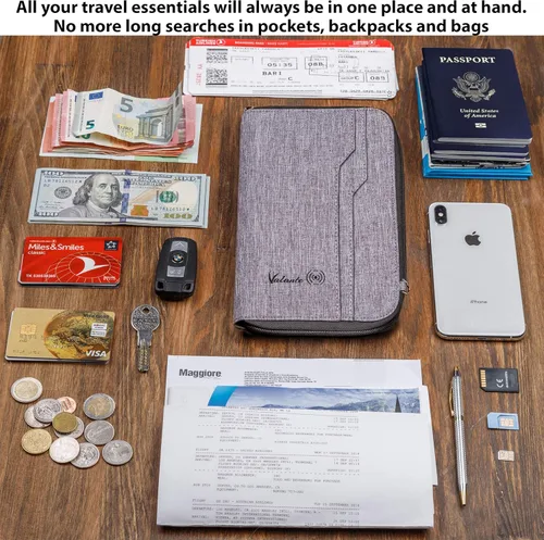 Vista 2 de Valante - Organizador de documentos de viaje familiar prémium con capacidad para pasaporte RFID, Gris, L, Cartera RFID