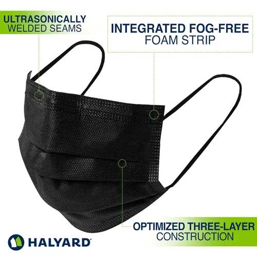 Vista 4 de HALYARD Mascarilla desechable con cintas elásticas para las orejas, sin niebla, estilo plisado, máscara de procedimiento ASTM NIVEL 3, cuidado