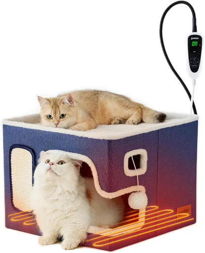 Vista 16 de ZOMISIA Casa térmica para gatos de interior – Cama grande de calentamiento para gatos para invierno con bola esponjosa colgante y almohadilla