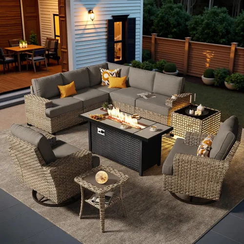 Vista 47 de HOOOWOOO Juego de muebles seccionales de patio con mesa de luz solar, 6 piezas de mimbre para exteriores, sofá en forma de L, juego de conversación