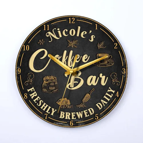 Vista 11 de V VIBEPY Reloj de madera de barra de café impreso en 2D, decoración personalizada de mesa de café, accesorios de barra de café, relojes de madera
