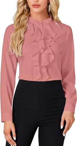 Vista 17 de LYANER - Blusa de cuello alto con botones, volantes en el frente, manga larga, camisa de trabajo para mujer