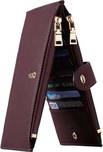 Vista 12 de Travelambo Billeteras de cuero para mujer, delgada, con bloqueo RFID, billetera plegable para tarjetas de crédito, Marrón beige