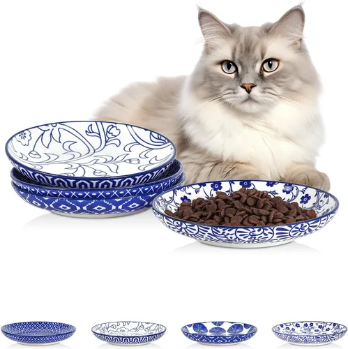 Vista 10 de Selamica Cuencos de cerámica para gatos, 6 pulgadas de ancho poco profundos para aliviar la fatiga de los bigotes, juego de 4, colores surtidos