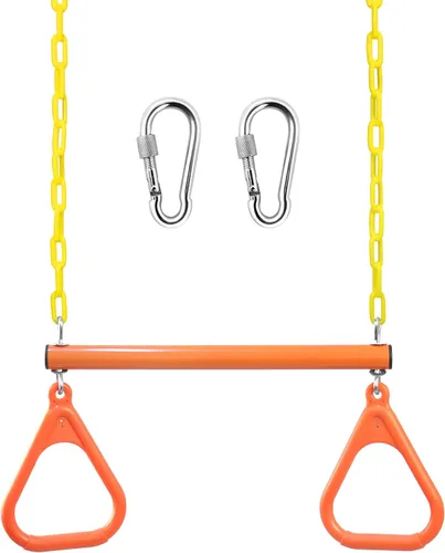 Vista 8 de Anillos de barra de columpio de trapecio de 18 pulgadas de 48 pulgadas, cadenas recubiertas de plástico resistente, juego de columpios, accesorios