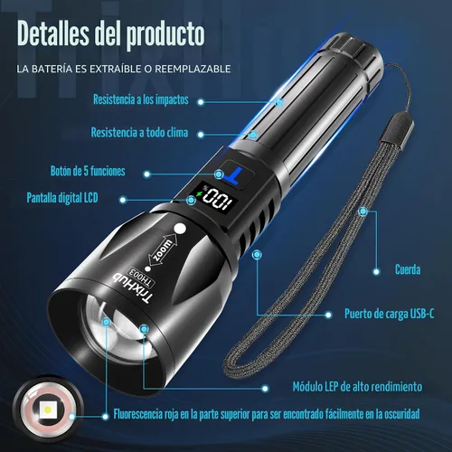 Vista 6 de TrixHub Linternas recargables de alto lúmenes, 2 unidades, luz de flash de 5 modos con pantalla digital LCD, linterna táctica ajustable súper