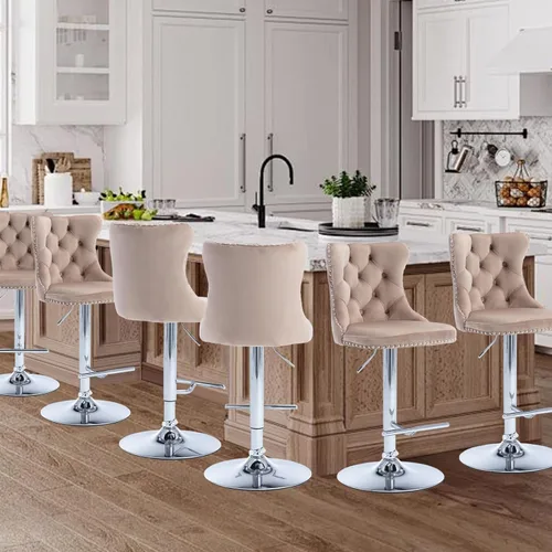 Vista 77 de SoarFlash Juego de 2 taburetes de bar tapizados de terciopelo moderno con patas de madera, botones acolchados, cabeza de clavo cromada, asiento
