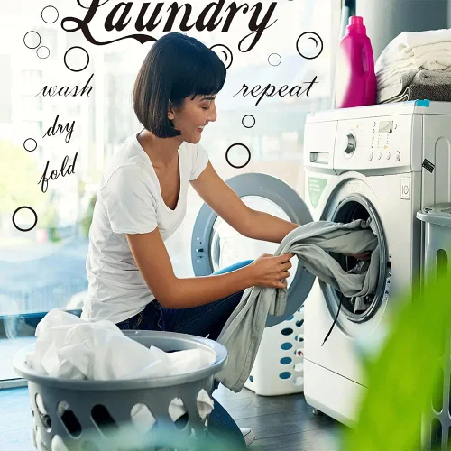 Vista 5 de 23 calcomanías de vinilo de pared características para cuarto de servicio, con texto en inglés "Wash Dry Fold Repeat Repeat", calcomanías