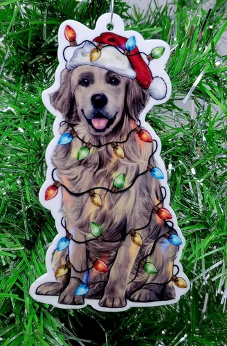 Vista 2 de Adorno de perro Golden Retriever con sombrero de Papá Noel y luces de Navidad