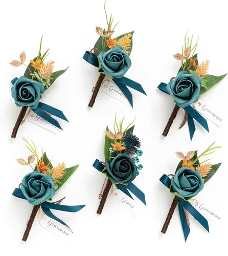 Vista 15 de Ling's Moment Boutonniere para Hombres Boda, Juego de 6, Novio y Padrinos Boutonniere para Boda Regreso a Casa Halloween Ceremonia Aniversario, Cena