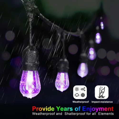 Vista 3 de Mlambert Luces de patio al aire libre de 48 pies, impermeables, regulables con control remoto, cadena de luces LED RGB Cafe con 15 bombillas Negro