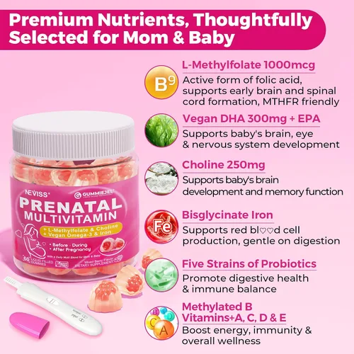 Vista 3 de Gomitas Multivitamínicas Prenatales para Mujeres con Metilfolato 1mg, Colina Omega-3 (DHA+EPA) Hierro, Vitaminas Postnatales para Mujeres que