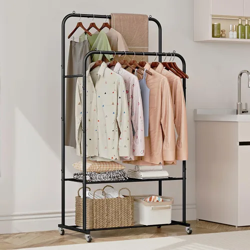 Vista 4 de SUOERNUO Perchero con ruedas para ropa, estante para colgar ropa resistente, estante metálico enrollable para dormitorio, armario (Negro)