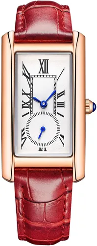 Vista 16 de Reloj de cuarzo para mujer Carlien, elegante reloj de vestir rectangular con correa de cuero y corona de cristal azul Rosa Negro