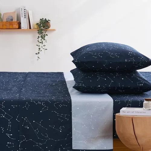 Vista 2 de Wake In Cloud - Juego de sábanas Constellation, juego de 4 piezas, espacio celestial, brujería estelar, galaxia astrológica, ropa de cama de Azul