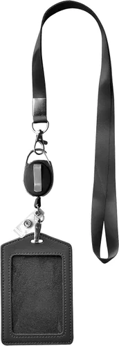 Vista 2 de Funda para tarjeta de identificación + cordón resistente (negro) + mosquetón retráctil de carrete y clip de plástico (cuero genuino)