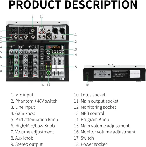 Vista 14 de XTUGA KP4 Mezclador de audio de 4 canales con Bluetooth, controlador de tablero de sonido DJ
