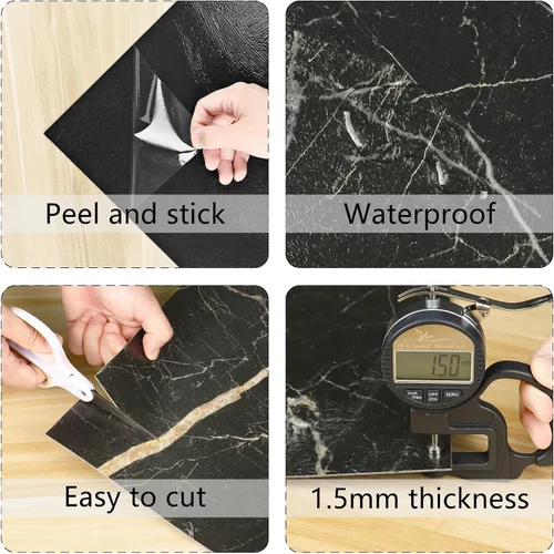 Vista 9 de Azulejos de mármol negro mate para despegar y pegar, láminas de vinilo impermeables para baño, baldosas de mármol negro, 5 unidades autoadhesivas